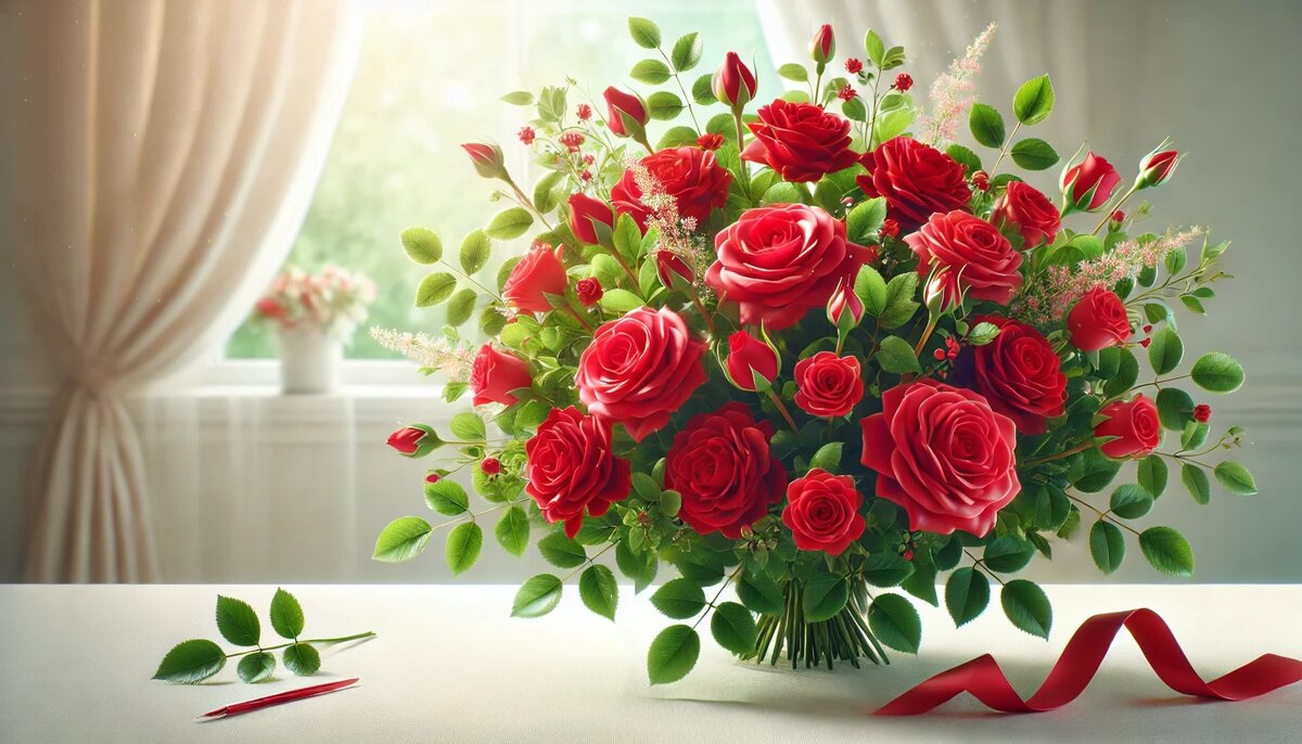 Пышный букет ярко-красных роз на столе с лентой и перьевой ручкой — торжественный и лаконичный образ для поздравления с Днём Рождения
