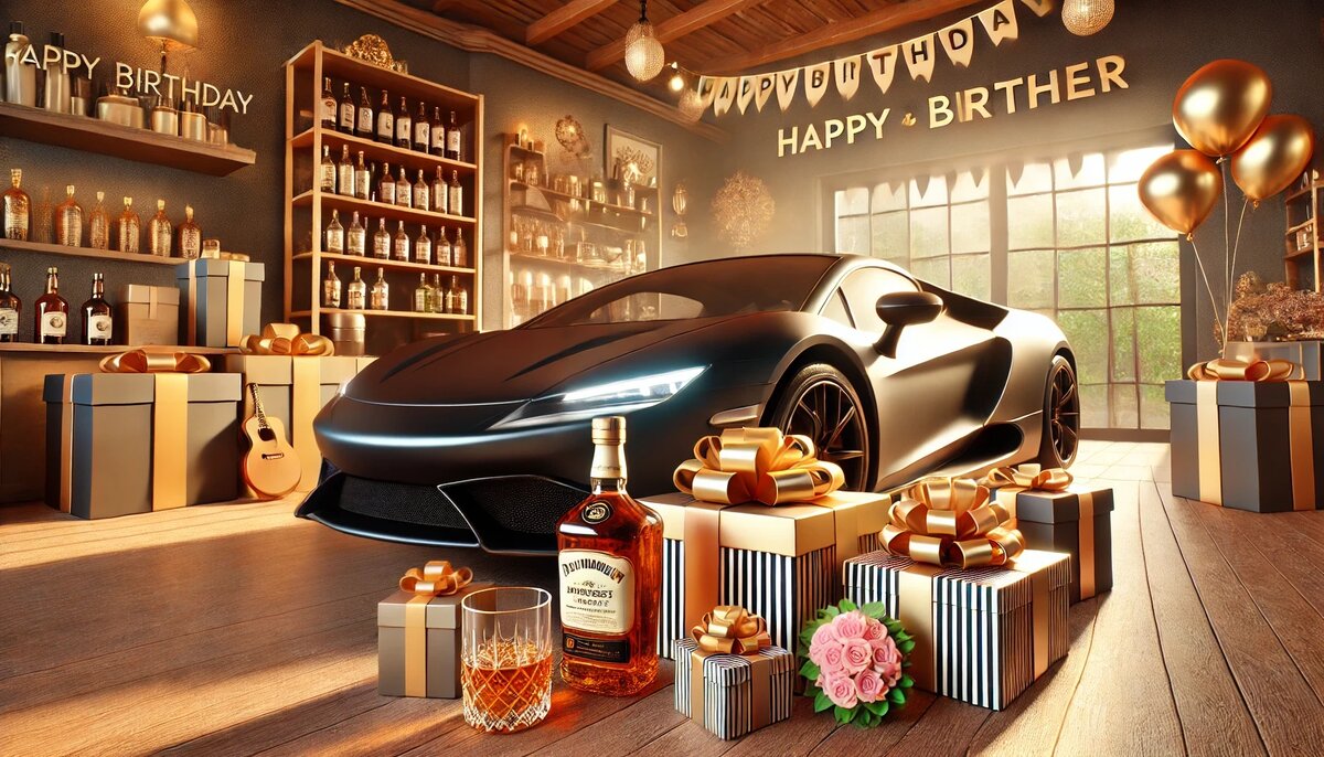 Праздничная сцена подарков брату с чёрным спортивным автомобилем, бокалом виски, золотыми подарками и букетом роз на фоне тёплой вечерней подсветки