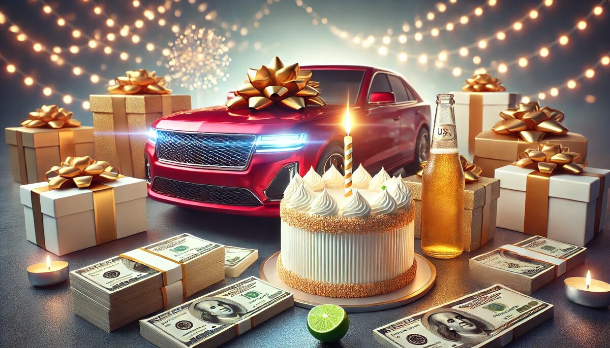 Праздничная сцена с красным автомобилем, подарками в золотых упаковках, тортом со свечой и бокалом пенного напитка на фоне гирлянд и свечей