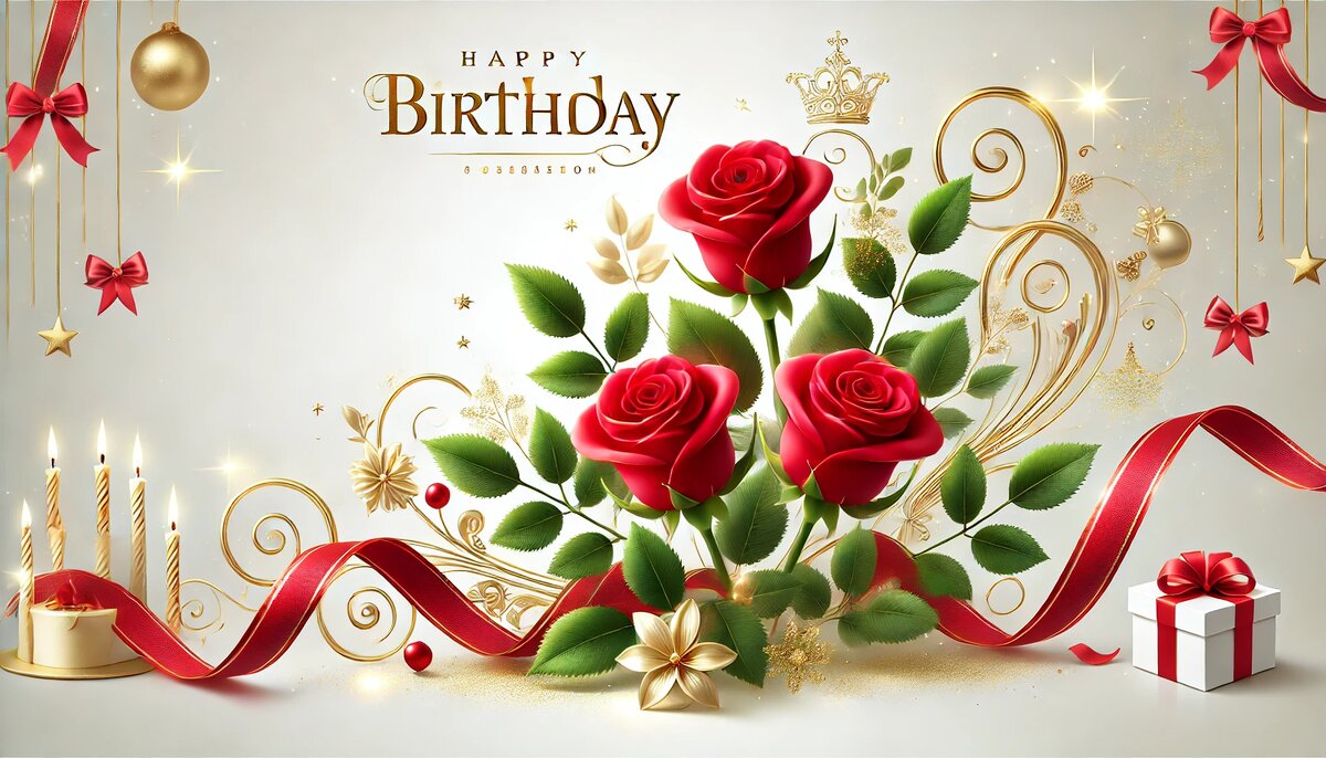 Элегантный юбилейный натюрморт с тремя красными розами, свечами и подарком, украшенный золотыми и красными декоративными элементами