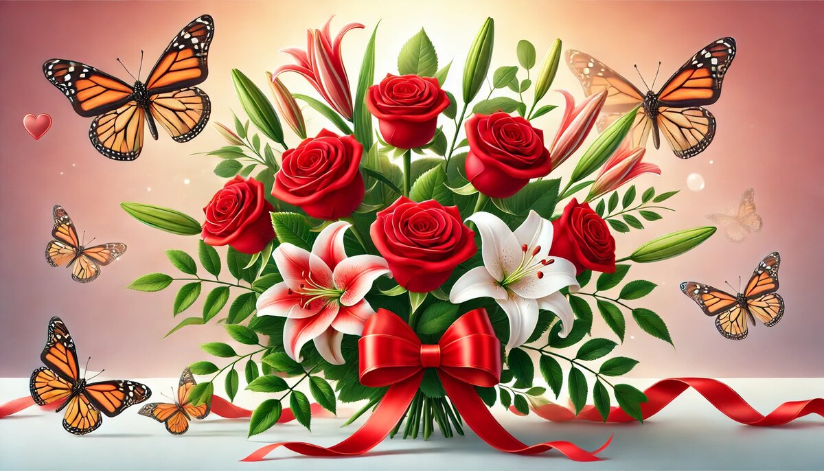 Праздничный букет из красных роз и лилий с зелёными листьями и яркими бабочками на мягком розово-белом фоне — универсальное изображение для коротких поздравлений с Юбилеем