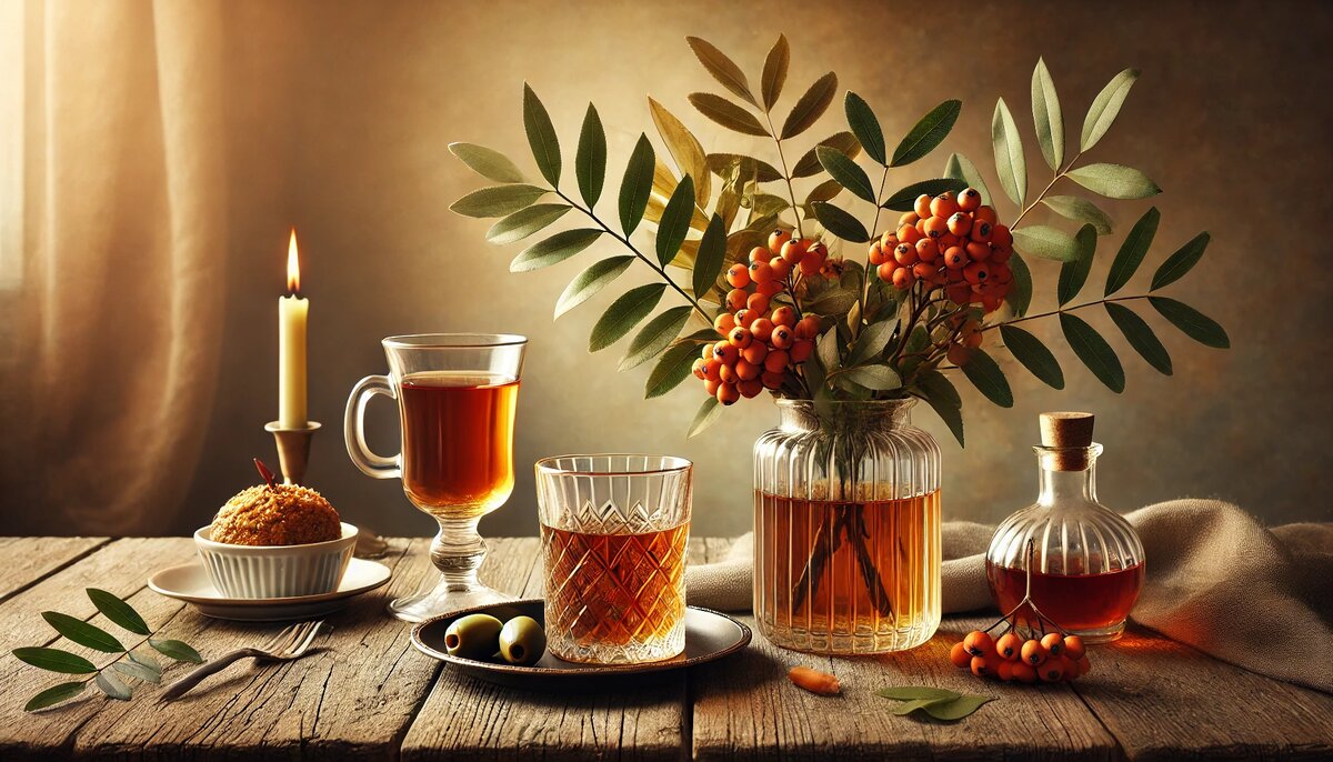 Короткие поздравления с Днем Рождения Дедушке: уютный натюрморт с чаем, коньяком и осенним букетом на деревянном столе