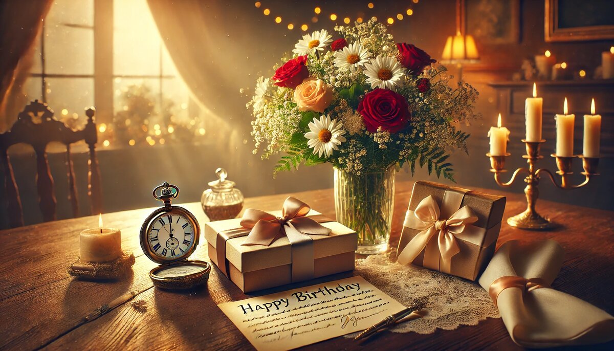 Подарочная композиция ко Дню Рождения дедушке — тёплая сцена в уютной комнате: на деревянном столе букет ромашек и красных роз, винтажные карманные часы, элегантные подарки в коробках с лентами и мягкое свечное освещение, создающее атмосферу уважения и заботы