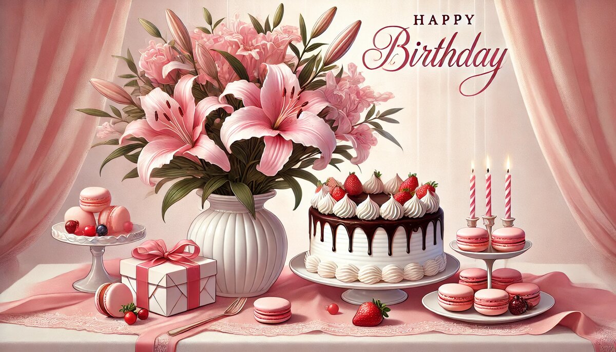 Романтичный стол с розовыми лилиями в вазе, клубничным тортом с кремом и макаронами, подарочной коробкой с бантом и зажжёнными свечами — праздничная романтическая композиция для любимой