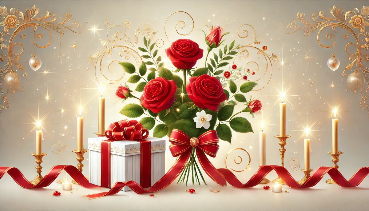 Роскошный букет красных роз с зелёными листьями и золотыми узорами на светлом фоне, украшенный свечами, красной лентой и подарочной коробкой с бантом - искренние слова любви и благодарности