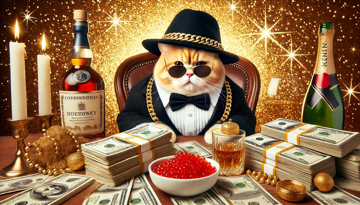 Роскошная юмористическая открытка ко дню рождения любимому: упитанный кот в смокинге сидит за столом, усыпанным деньгами, с бутылкой виски, красной икрой и золотым мешком на фоне сверкающих огней
