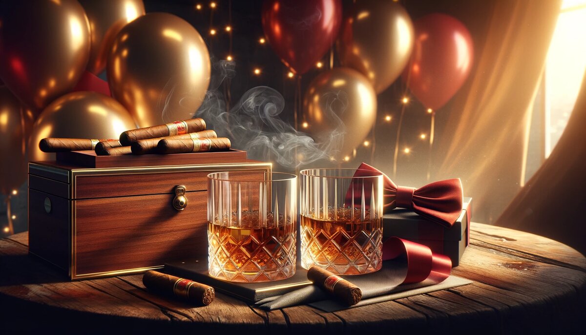 Романтичное поздравление с Днем Рождения любимому мужчине: бокалы с виски, сигары на деревянной коробке, красная бабочка и воздушные шары в тёплом вечернем свете