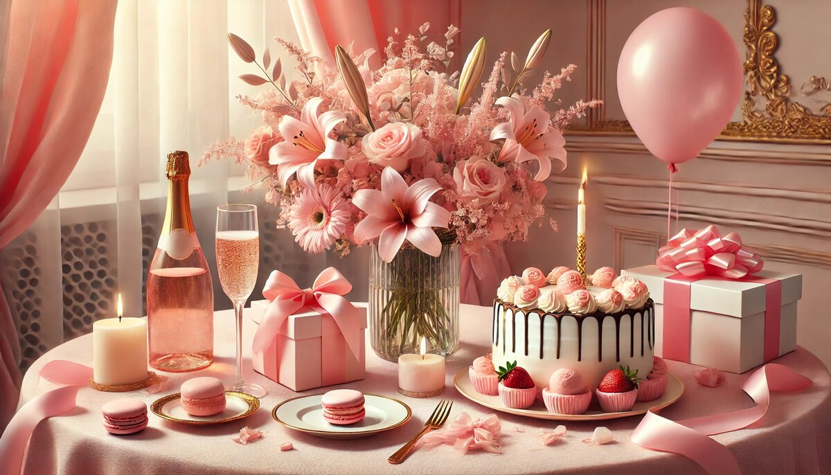 Нежный праздничный стол с букетом розовых лилий и роз, клубничными тортами, макарунами и бокалами игристого — тёплая и красивая композиция для коротких поздравлений с Днем Рождения дочке