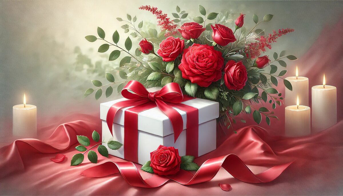 Нежные и ласковые поздравления доченьке — композиция из ярких красных роз, белой подарочной коробки с атласной лентой и мягким освещением на фоне зелени, передающих атмосферу любви и заботы