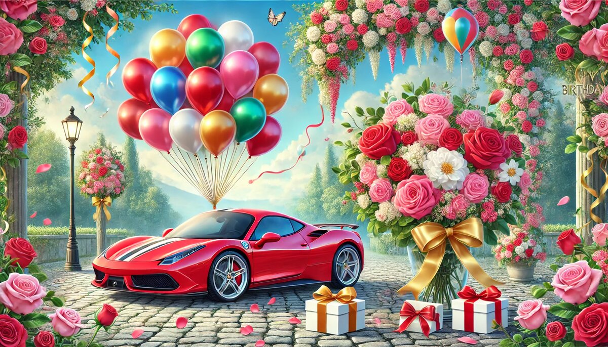 Праздничная открытка с красным спортивным автомобилем, яркими воздушными шарами и букетами роз — короткие поздравления с Днем Рождения сыну