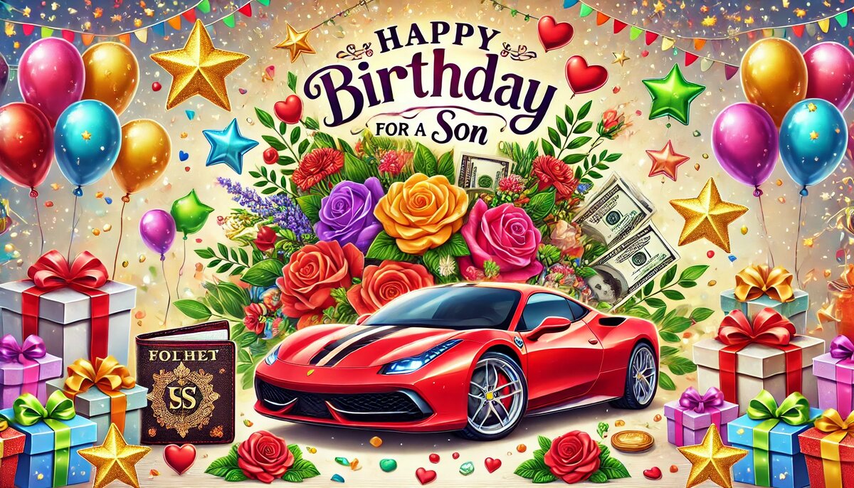 Праздничная открытка с ярким красным спорткаром, подарками, букетом роз, воздушными шарами и символами богатства — искренние и тёплые поздравления сыну с Днём Рождения