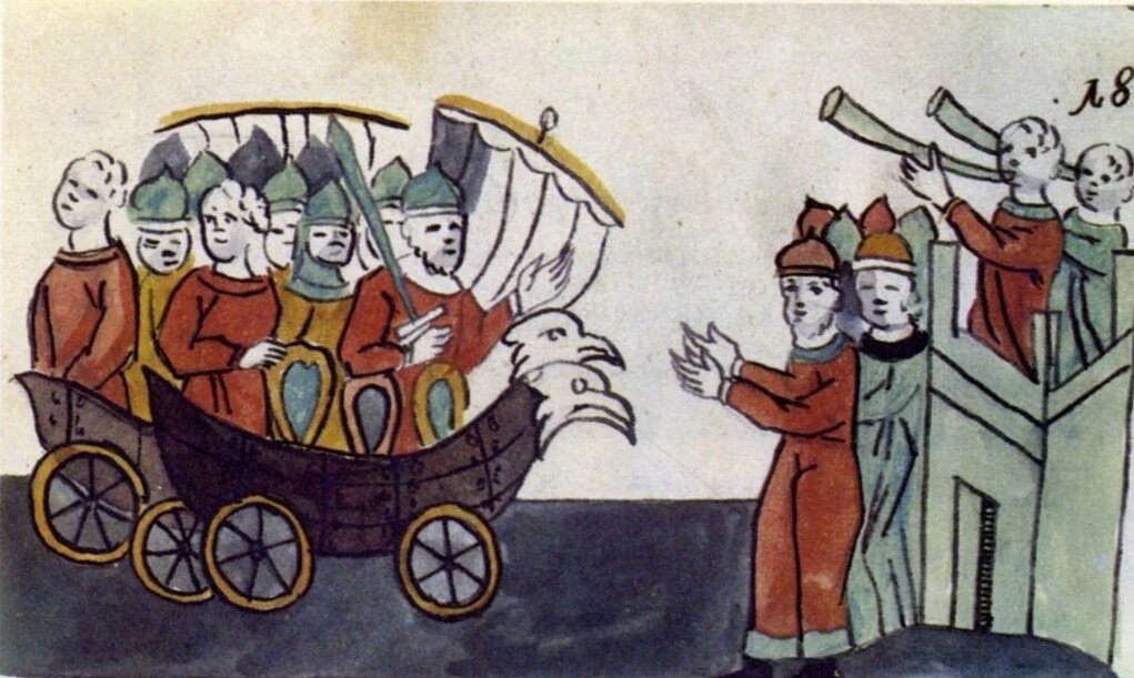 Дружина Олега Вещего под стенами Константинополя, миниатюра из Радзивилловой летописи.