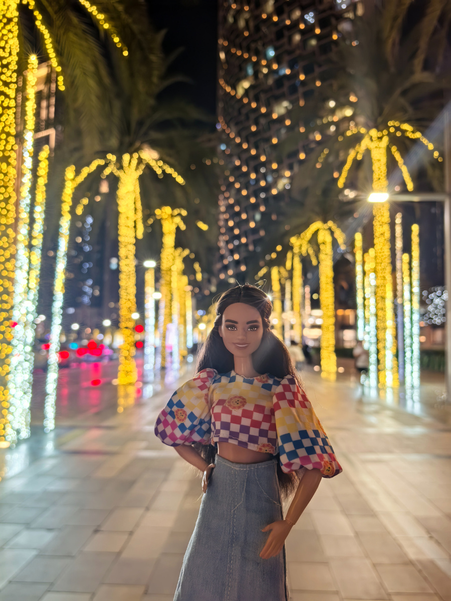 Прошли по аллее со светящимися украшенными пальмами