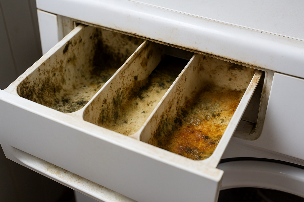 Грязный лоток для стиральной машины с плесенью, ржавчиной и известковым налётом.