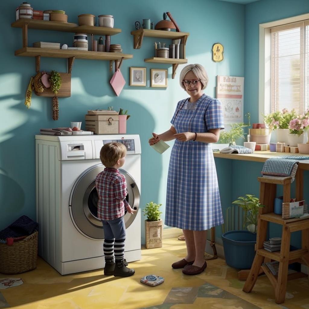 женьщина стоит рядом со старой стиральной машиной