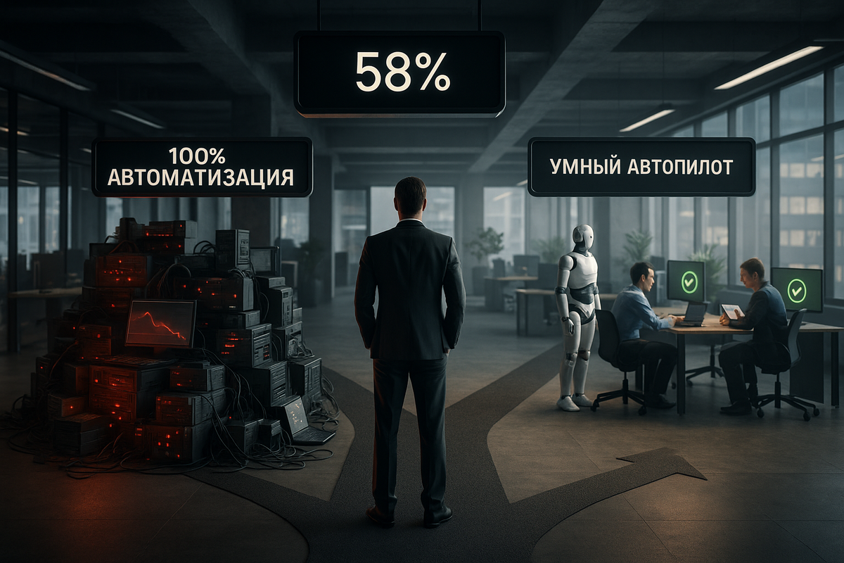 Современный руководитель контролирует систему умного автопилота бизнес-процессов на интерактивном экране, демонстрирующем баланс между автоматизацией и человеческим управлением компанией в 2025 году