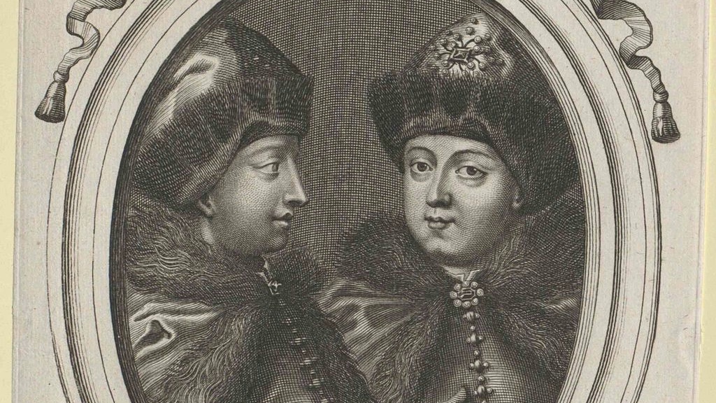 Петр I (справа) и его единокровный Иван, репродукция с французской гравюры XVII века