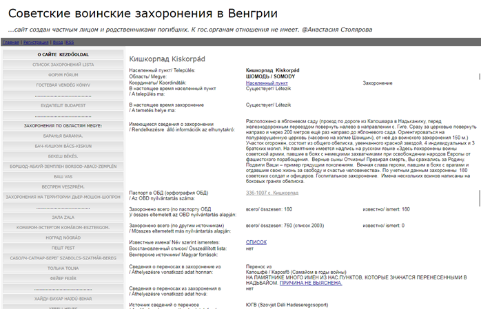 сайт Советские воинские захоронения в Венгрии