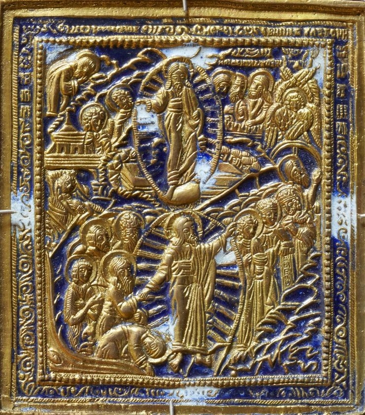 Икона «Воскресение Христово» с «Сошествием во ад». Медный сплав, литье, белая и синяя эмаль. Вторая половина XVII до начала ХХ века. 