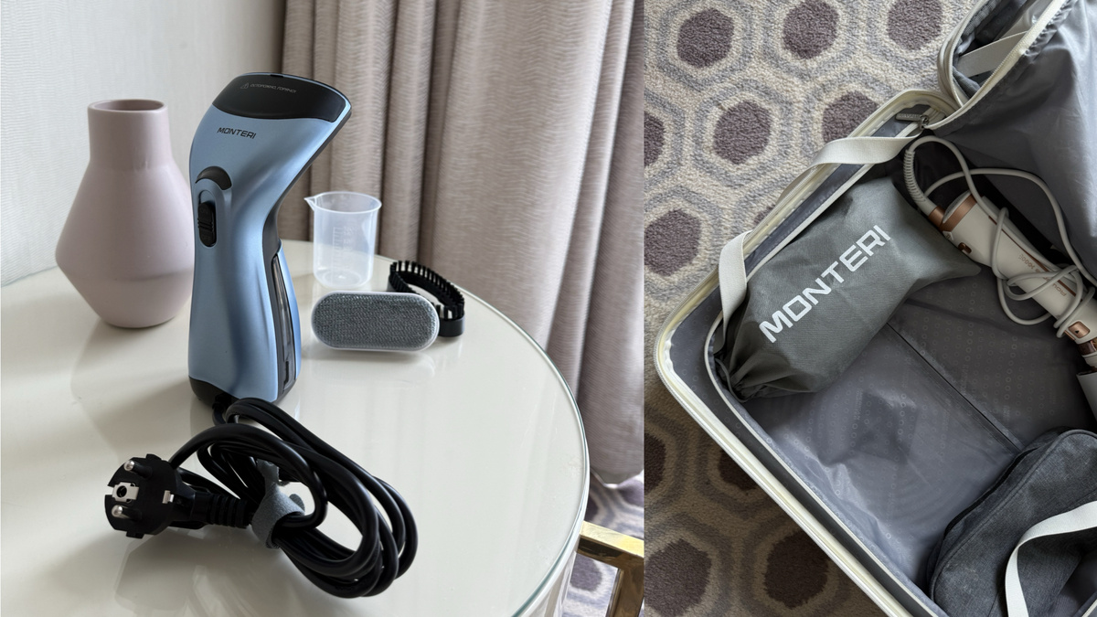 Показываю габариты - отпариватель лежит в маленьком чемодане для ручной клади и занимает очень мало места. 