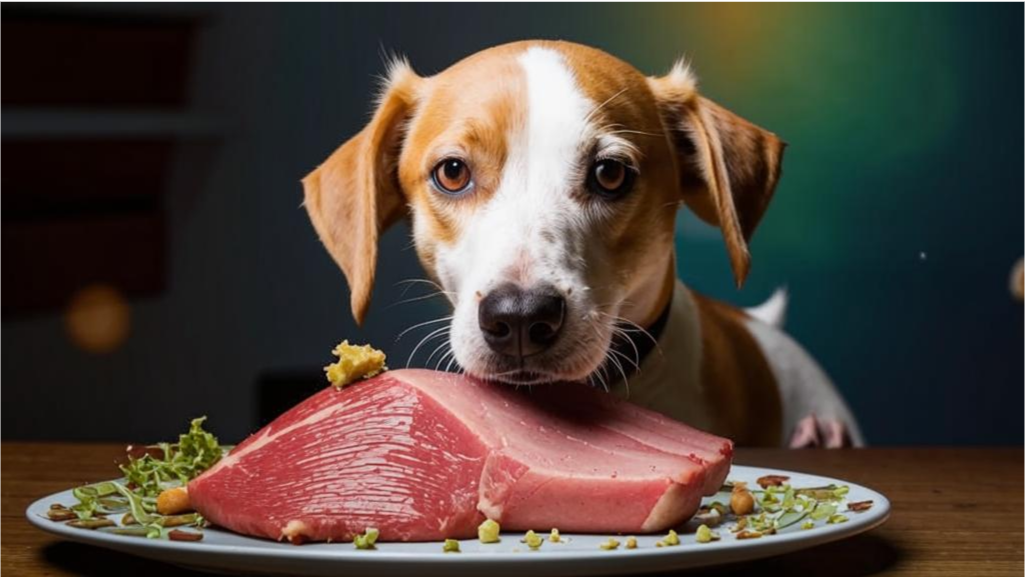 Собака кушает мясо