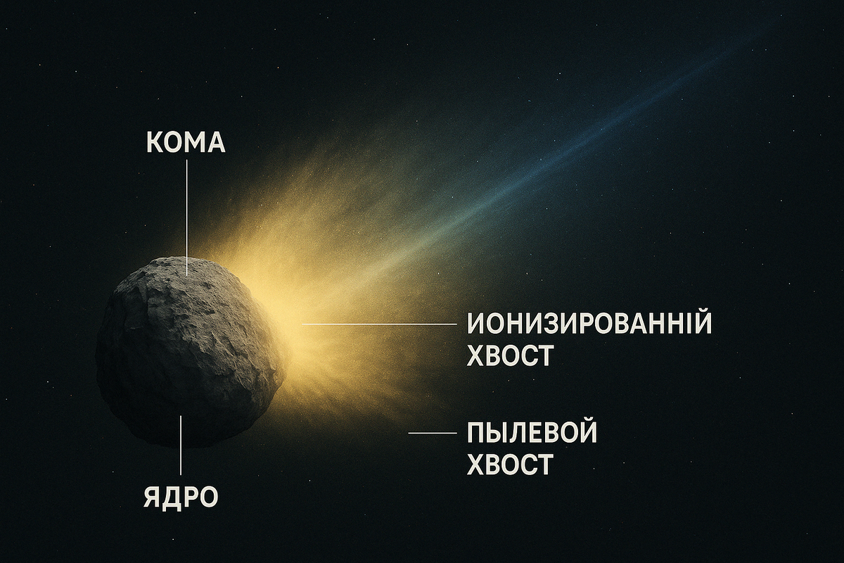 Когда комета приближается к Солнцу, вокруг ядра формируется светящаяся кома и два хвоста — пылевой и ионизированный.