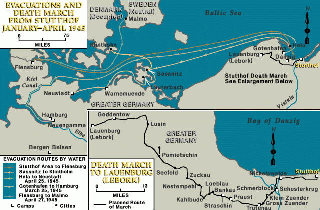 Эвакуация и марш смерти из Штутхофа (Карта).
Фото: Мемориальный музей Холокоста в США.
