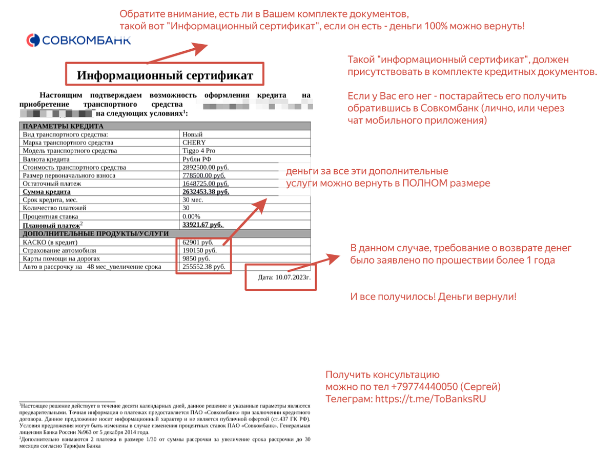 Пример "Информационного сертификата" - который предоставлялся Совкомбанком при автокредитовании
