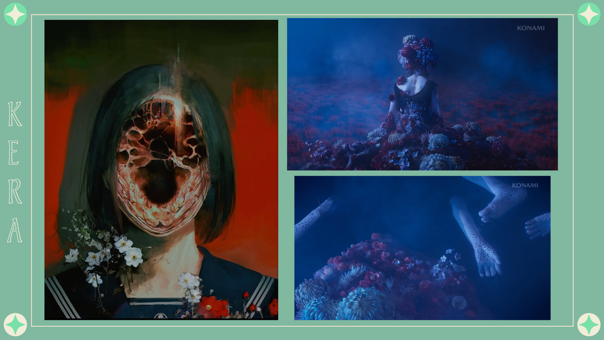 Иллюстрация Kera (из официального сайта игры) и скриншоты из трейлера Silent Hill f