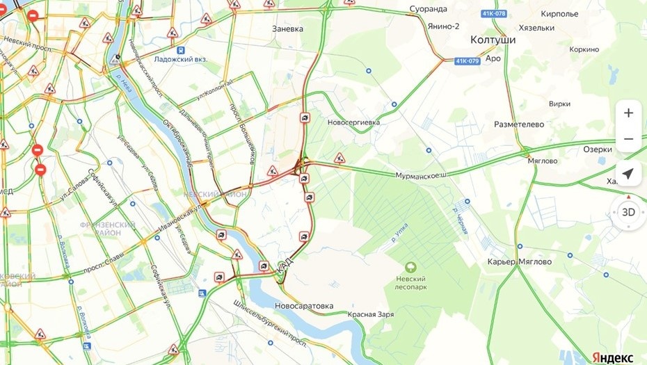   Обстановка на внутреннем кольце КАД в Петербурге 16 апреля 2024 года. Автор фото: "Яндекс.Пробки"
