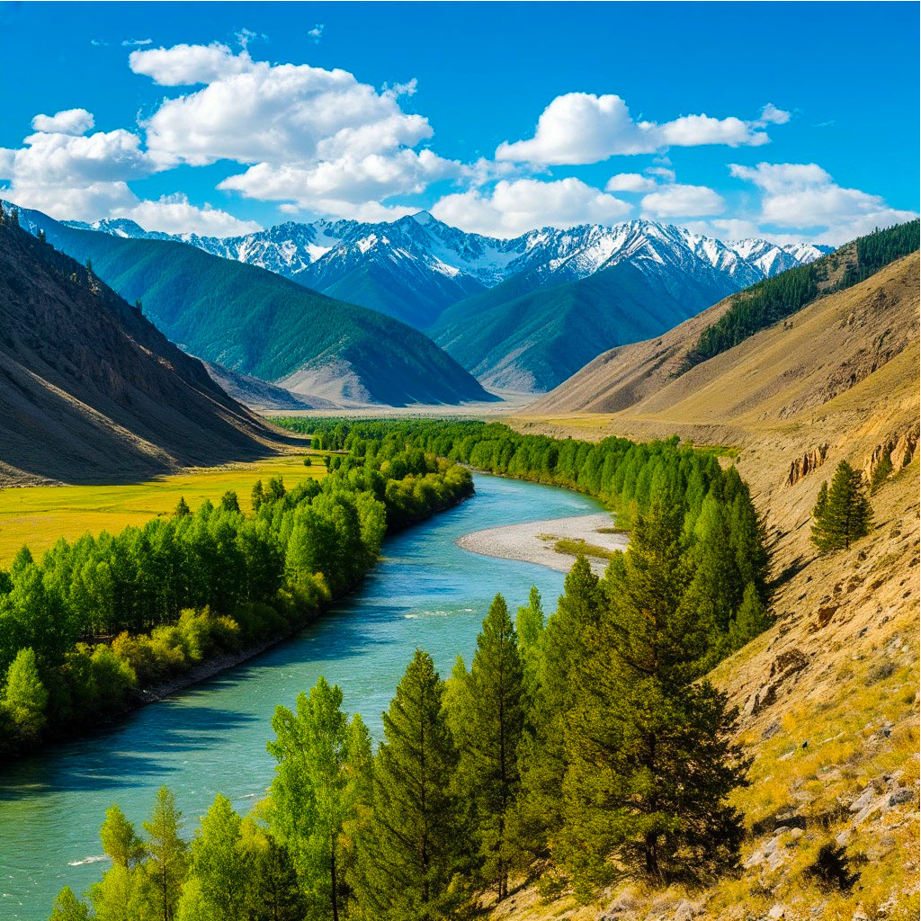 Вид на Алтайские горы и реку Чуя.