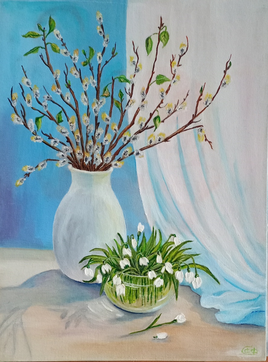 Холст на картине, масло 40х40 "Дыхание весны".