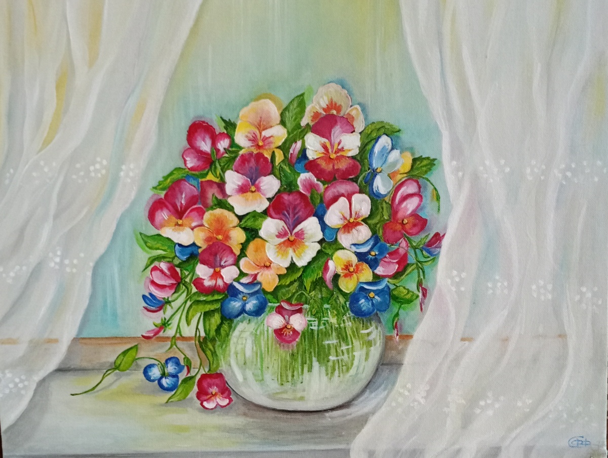 Холст, масло 40х50."Анютины глазки"