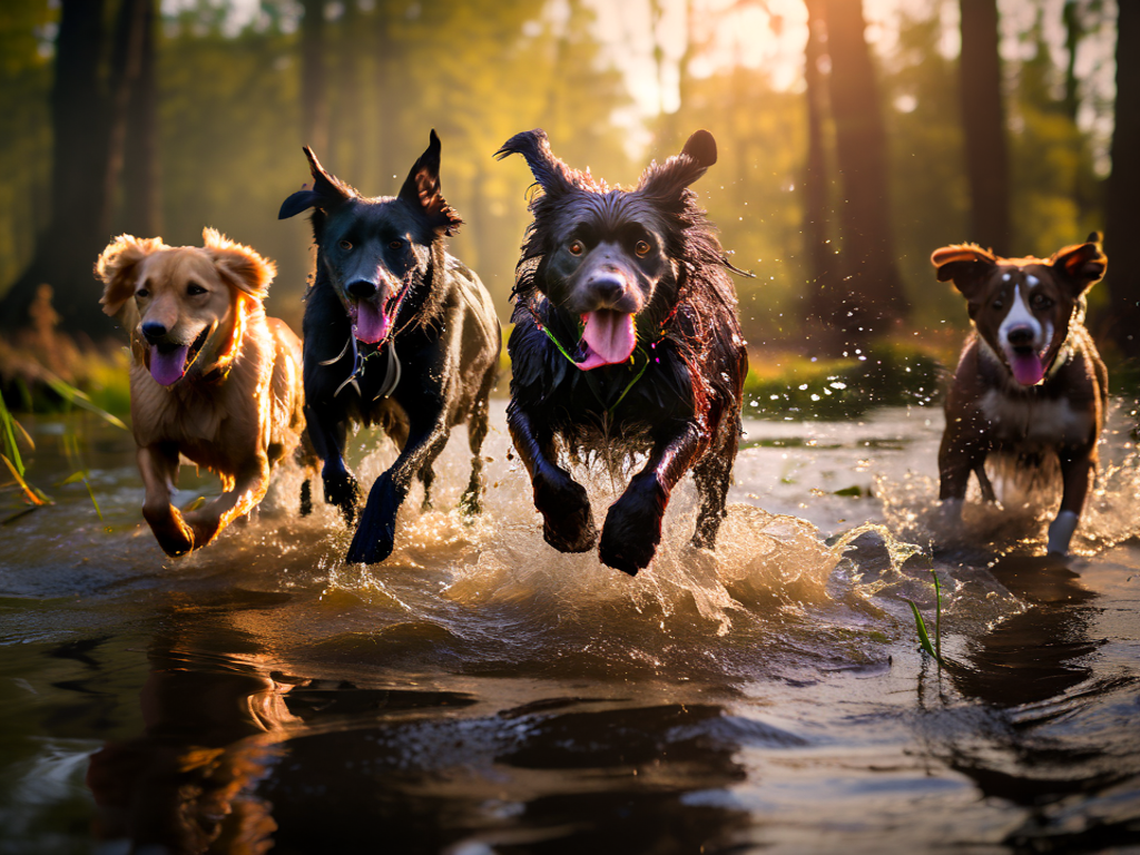 Стая собак бежит по болоту. Картинка создана при помощи ИИ.