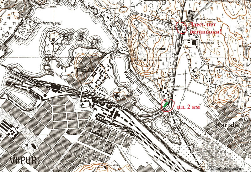 Первоначальное расположение остановочного пункта «Пл. 2 км». В иллюстрации использована финская картографическая основа 30-х г.г. ХХ века.