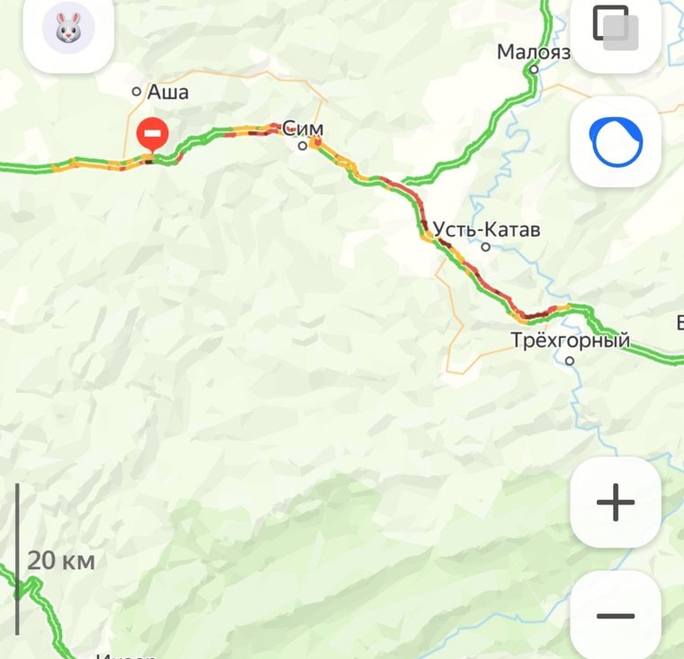 Пробка к вечеру дошла до поворота на Юрюзань. Фото: Скрин с данных «Яндекс. Карты»