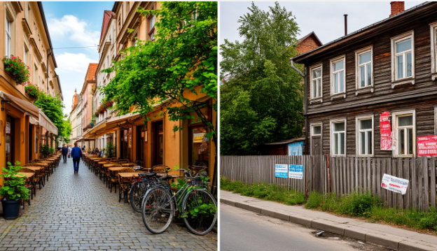 На фото: Уютная мощёная улица в европейском городке с кафе под открытым небом и велосипедами у стены. Справа — традиционный русский дом с 
покосившимся забором. Коллаж. Контраст между двумя мирами подчёркивает суть статьи: культурные и поведенческие различия.