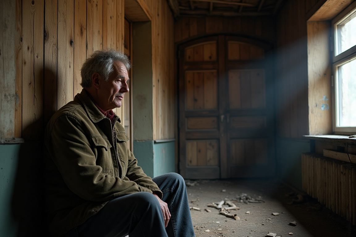 На изображении: мужчина средних лет стоит на пороге старого деревянного дома в деревне. Его взгляд устремлён внутрь — в тёмный коридор. Свет 
падает сзади, как будто он только что открыл дверь. Лёгкая пыль в воздухе, старая икона на стене или выцветшее фото в рамке внутри. 
Эмоциональный акцент — чувство ностальгии, утраты и открытий.
