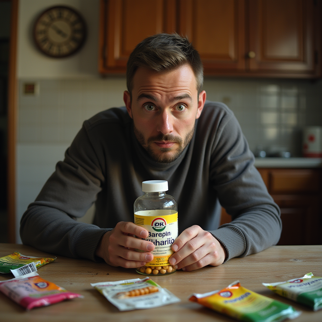 На картинке: мужчина с растерянным лицом держит в руках банку витаминов, вокруг разбросаны пустые упаковки. На заднем плане — дом тёщи  (или просто старая кухня с характерной мебелью). Надпись: «32 000 рублей — и только слёзы...». Цветовая гамма — лёгкая драма, тёплые тона с оттенком иронии.