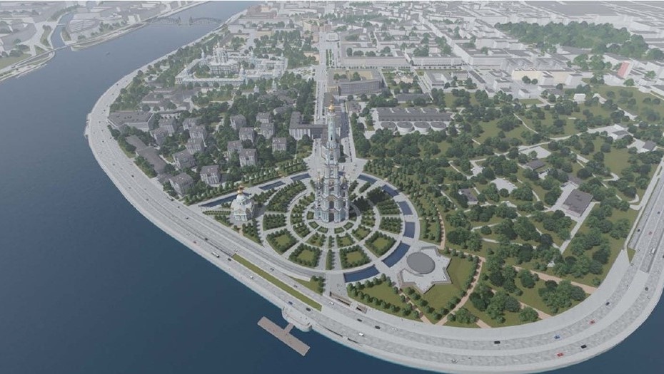    Визуализация колокольни Растрелли в саду на Неве. Эскиз разработан "Архитектурной мастерской Михаила Мамошина".