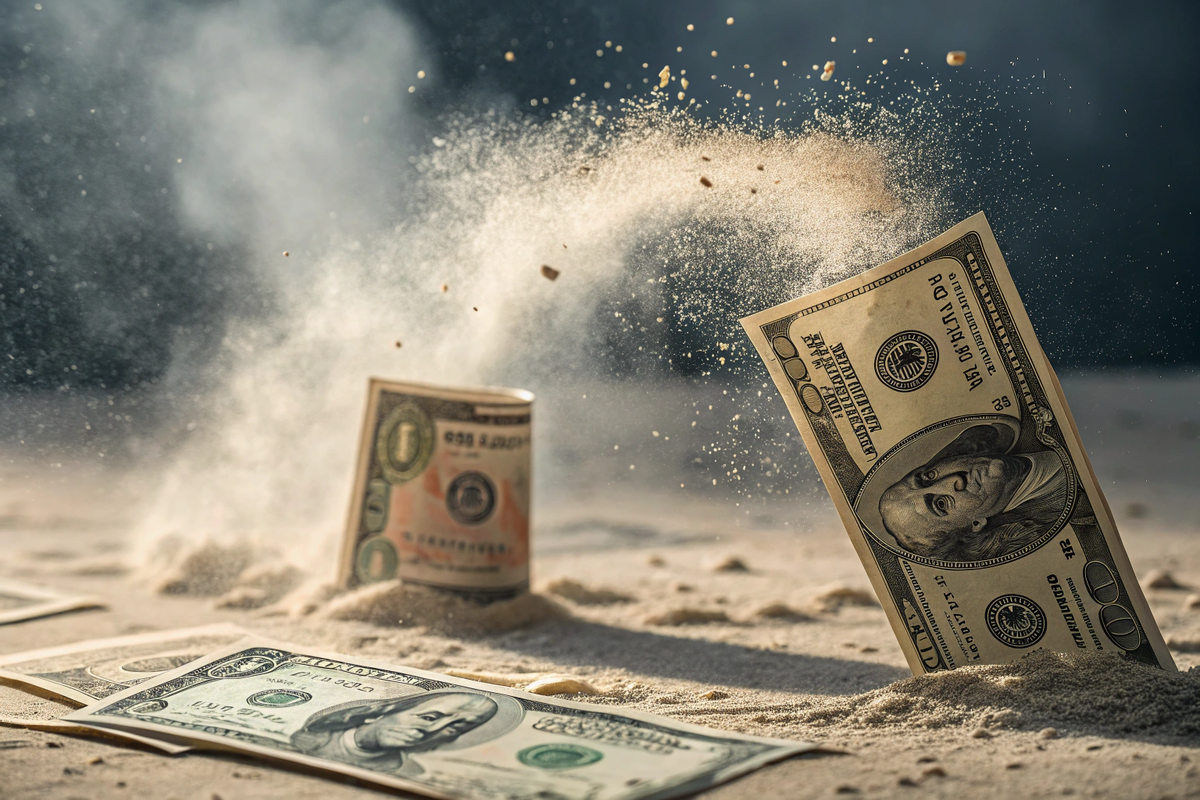 Купюры превращаются в пыль (символ инфляции)