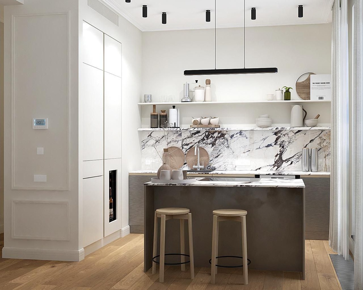 Большой плюс с точки зрения дизайна - возможность сделать кухню в едином стиле, используя один вид керамогранита для, например, кухонного острова, фартука и кухонной столешницы.