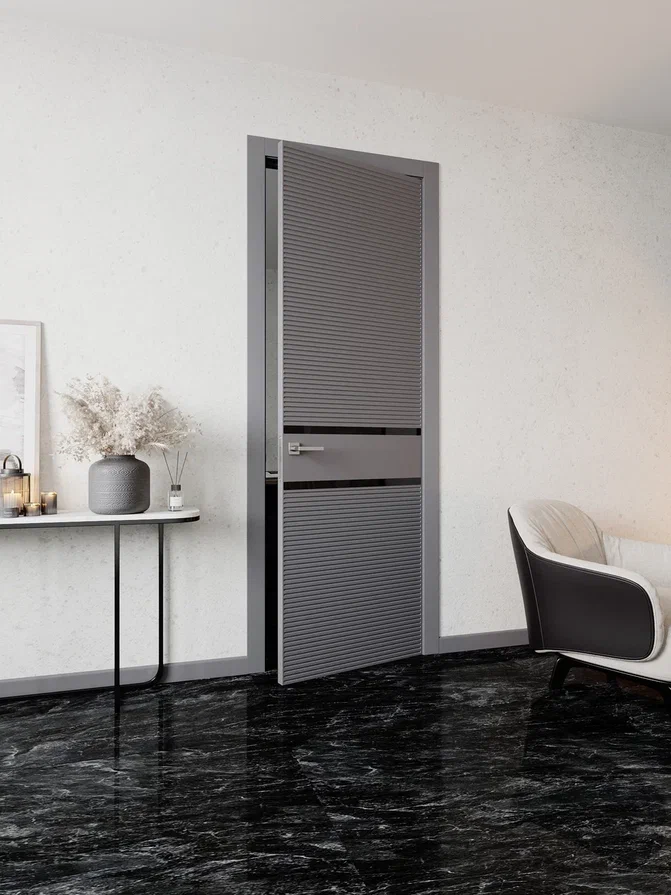 Межкомнатная дверь Inserting lines 7, Экошпон, Софт графит, Лакобель черный