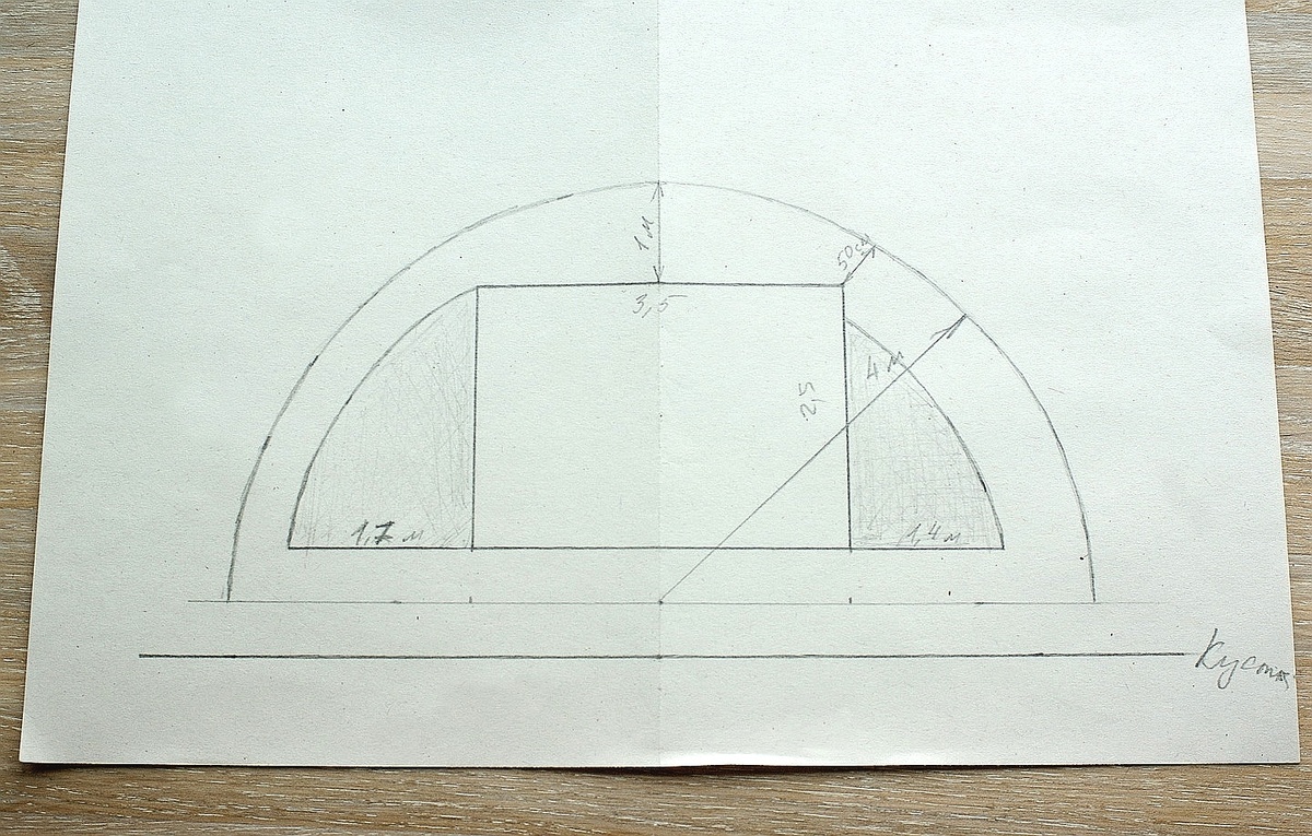 Прямоугольник в центре обозначает местоположение опор будущих качелей. Полукруг – мощение. Непонятные заштрихованные кусочки рядом с прямоугольником – это земляные карманы под посадку растений. 