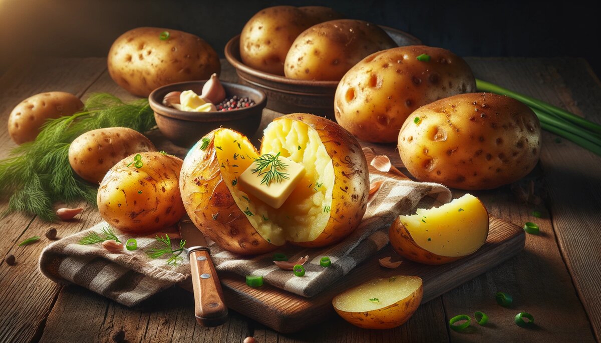 Горячая картошка в мундире на деревянном столе с растопленным маслом и зеленью