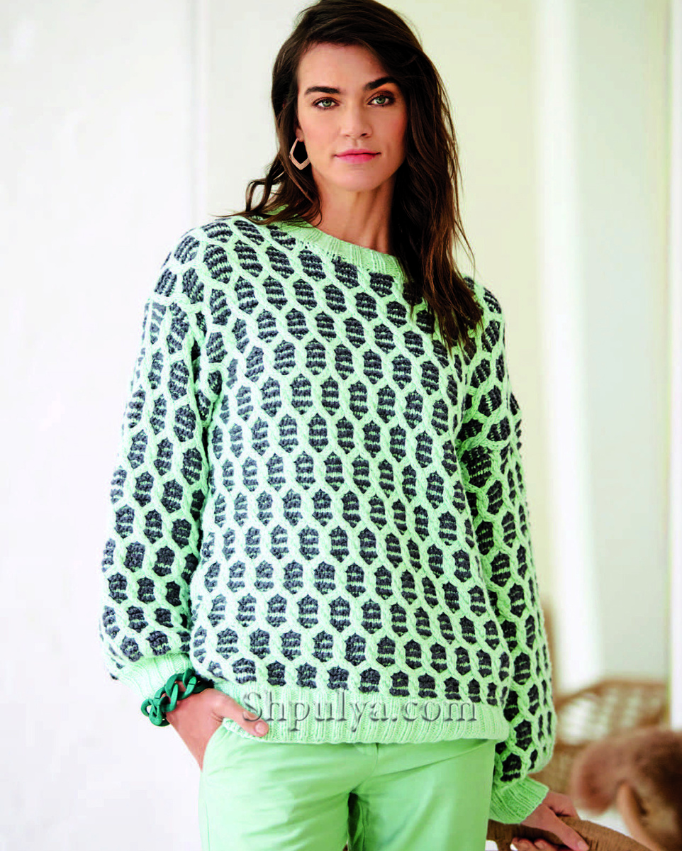 Мятно-зеленый хлопковый пуловер с узором из «кос»