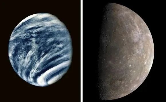 Ультрафиолетовое изображение Венеры (слева) и оптическое изображение Меркурия (справа), полученные космическим аппаратом «Маринер-10» NASA во время его миссии в 1970-х годах.