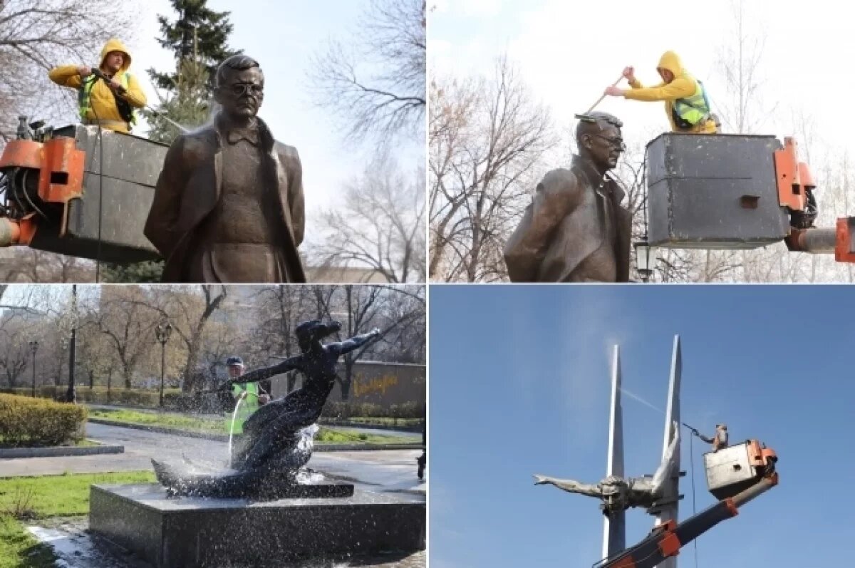    В Самаре начали мыть и чистить памятники и скульптуры