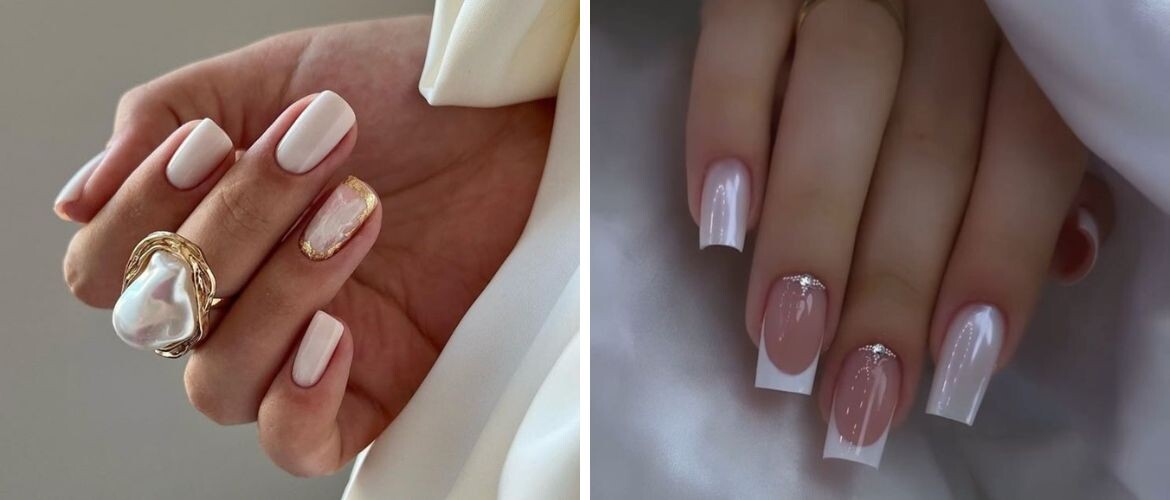 Элегантный свадебный маникюр для невесты: идеи дизайнов - молочный нюд с золотым акцентом и нежный френч с блестками