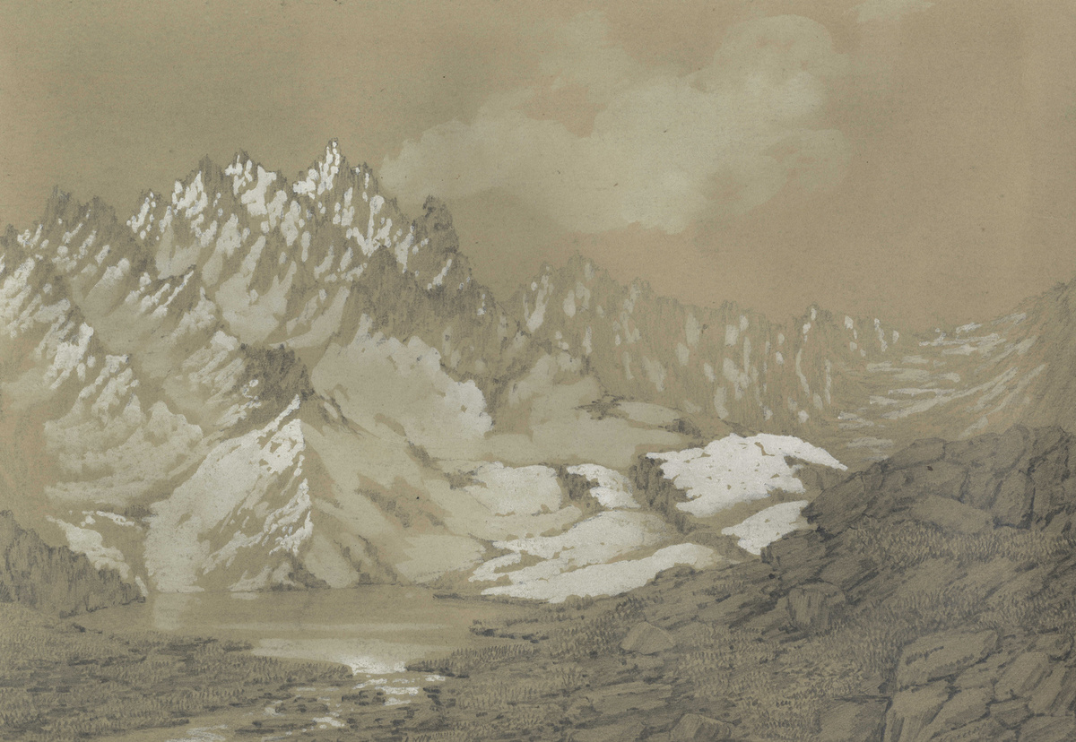 Истоки реки Курменты. Курментинский горный проход в Кунгей-Алатауском хребте к озеру Иссык-Кулю. Из альбома П.М.Кошарова к путешествию П.П.Семёнова на Тянь-Шань, 1857 г. Фото: Научный архив РГО